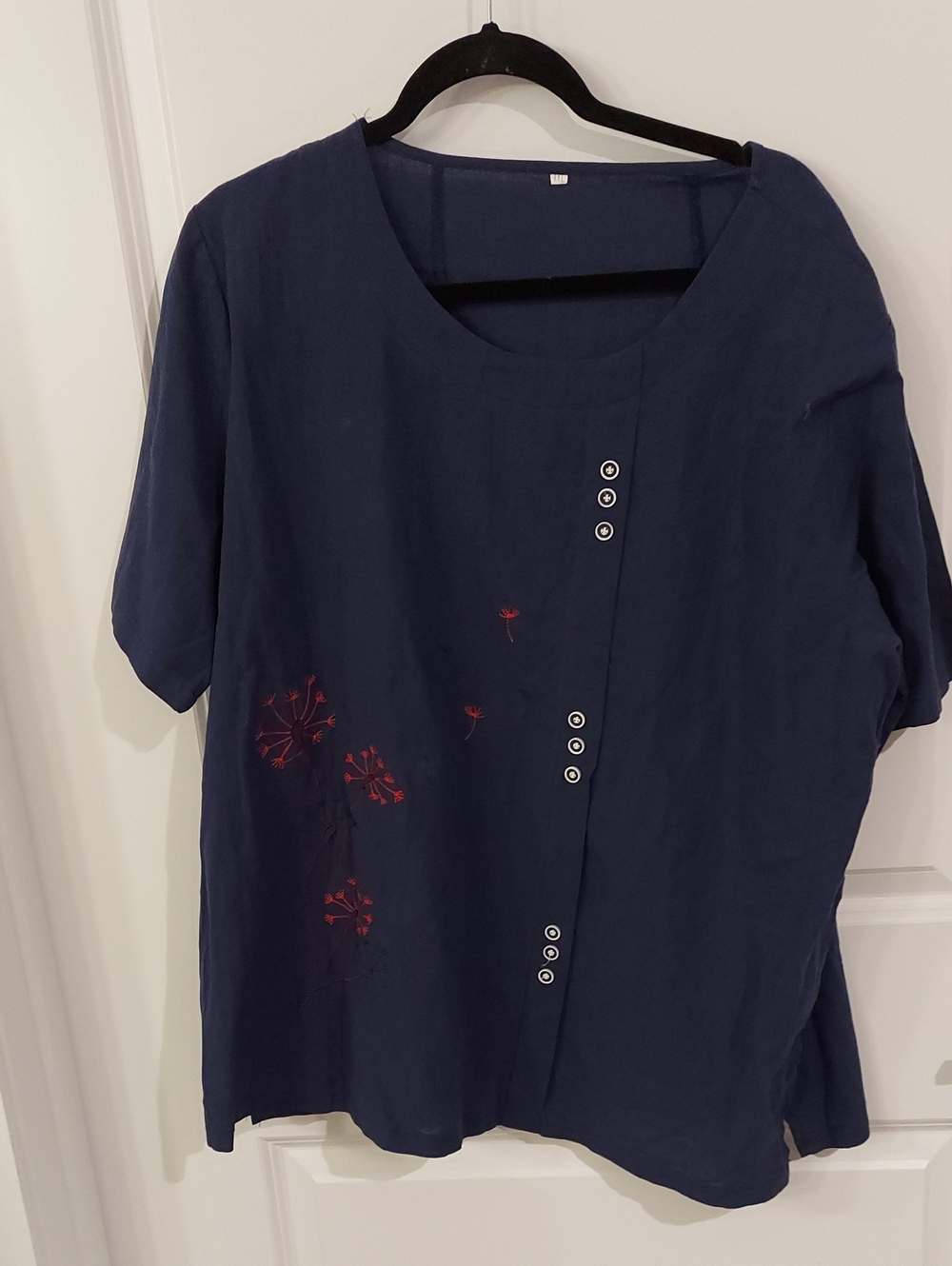 Classic Navy Short-Sleeve Women's Top with Red Floral Detail